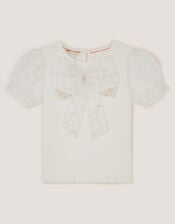 Embellished Puff Sleeve Bow T-Shirt, Ivory (IVORY), large