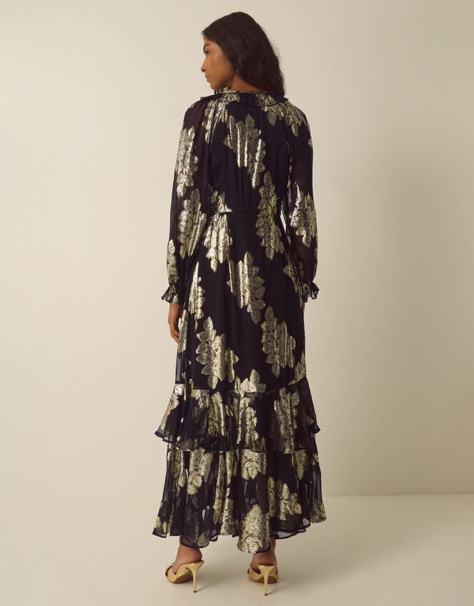 Rowena V-Neck Ruffle Metallic Jacquard Midi Dress, Black (BLACK), large