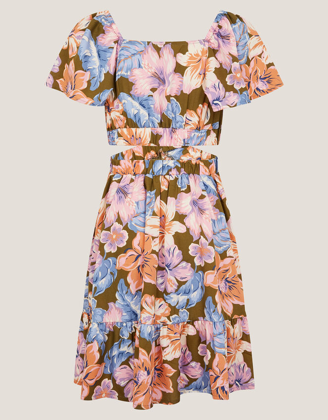 Floral Short Sleeve Cut Out Dress, Green (KHAKI), large