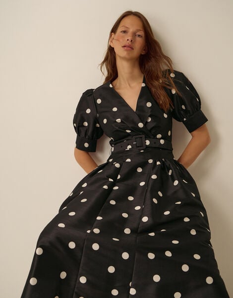 Amara Polka Dot Belted Midi Dress, Black (BLACK), large