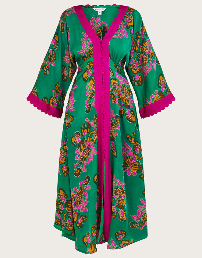 Button Through Print Kaftan Dress, Green (GREEN), large