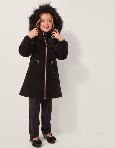 Faux Fur Hood Padded Coat, Black (BLACK), large