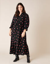 Rose Print Midi Dress in Sustainable Viscose, Black (BLACK), large