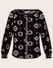 All Over Geometric Jersey Top with Recycled Polyester, Black (BLACK), large