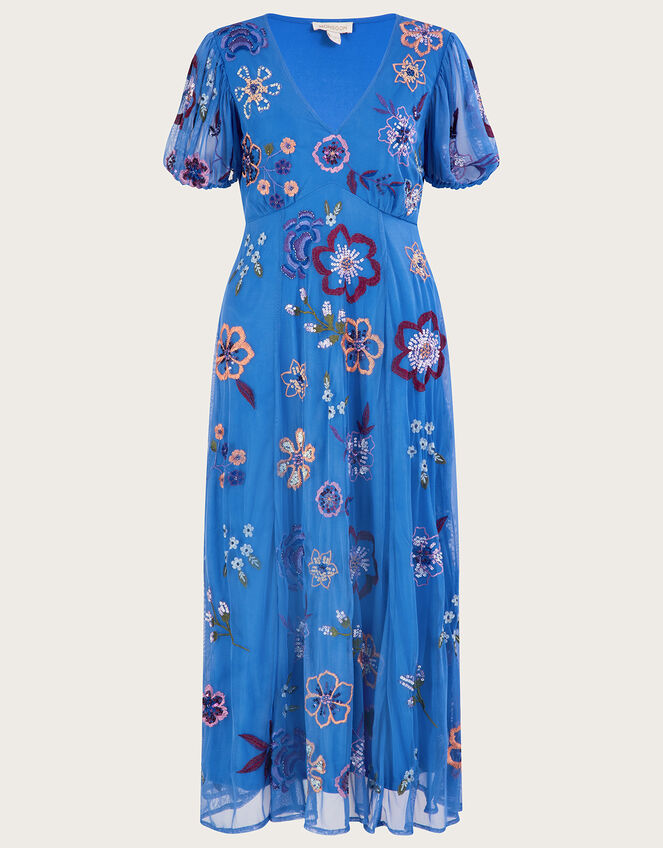 Annie Embroidered Midi Dress in Recycled Polyester, Blue (BLUE), large
