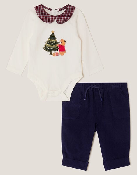 Newborn Christmas Bear Bodysuit & Trousers Set, Blue (NAVY), large