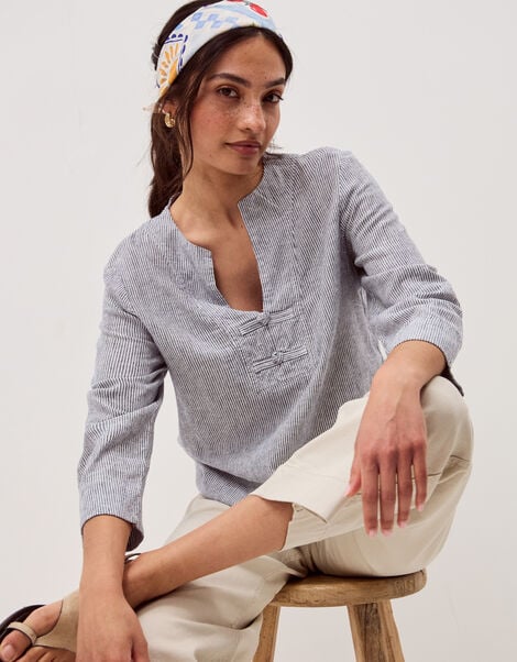 Alexis Stripe Linen-Blend Top, Blue (NAVY), large