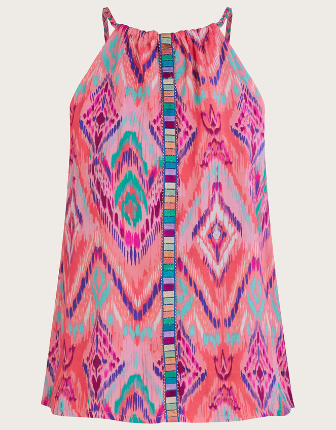 Ikat Print Tape Halter Cami Top, Orange (CORAL), large