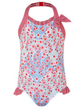 Floral and Stripe Halter Swimsuit, Blue (BLUE), large