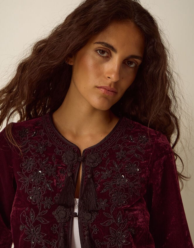 Mila Embellished Velvet Jacket, Red (BURGUNDY), large