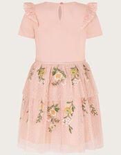 Short Sleeve Floral Embroidered Tulle Dress, Pink (PINK), large