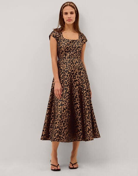 Anna Leopard Print Midi Dress, Camel (BEIGE), large