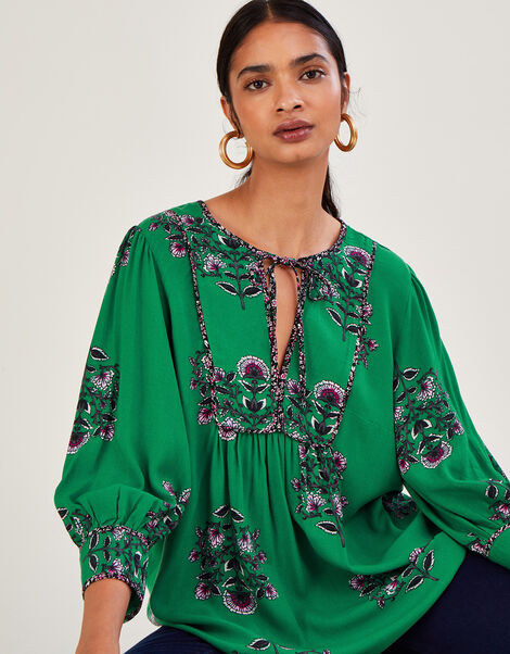 Floral Large Scale ¾ Sleeve Smock Blouse Green, Green (GREEN), large