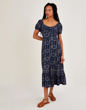 Square Neck Jersey Print Dress , Blue (NAVY), large
