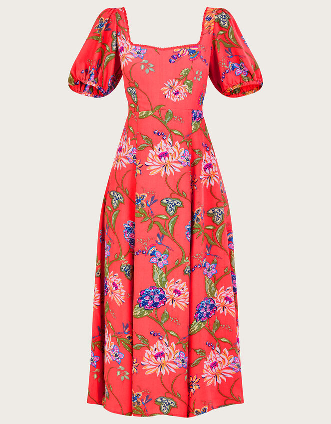 Regina Floral Print Tea Dress with Sustainable Viscose, Orange (CORAL), large
