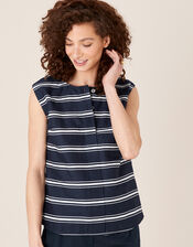 Stripe Sleeveless Top in Linen Blend, Blue (NAVY), large