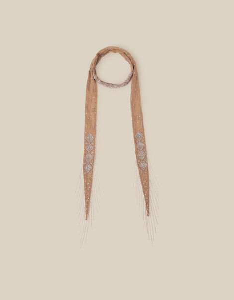 Enid Embellished Tassel Skinny Scarf, , large