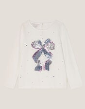 Sequin Bow Long Sleeve Top, Ivory (IVORY), large