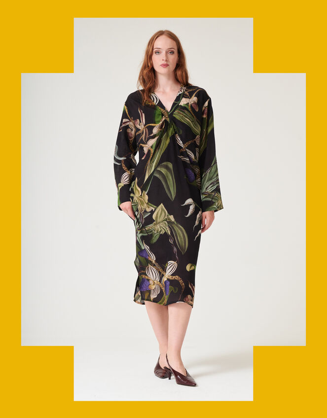 One Hundred Stars Orchid Crepe Midi Dress, Black (BLACK), large