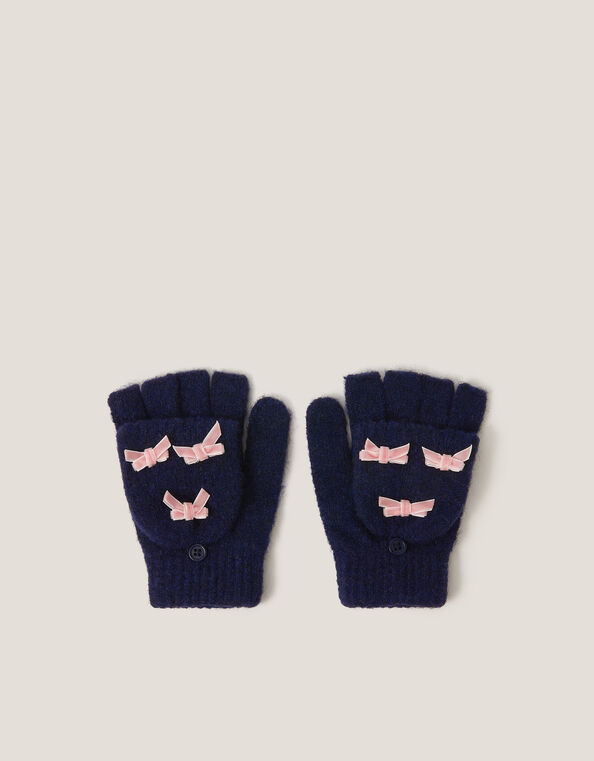 Bow Fingerless Gloves with Mittens, Blue (NAVY), large