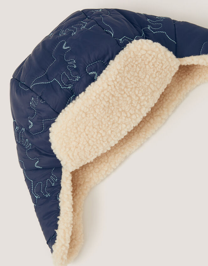 Dinosaur Quilted Trapper Hat, Blue (NAVY), large