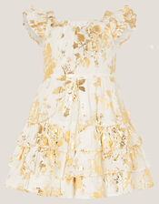 Baby Foil Floral Print Tiered Dress, Ivory (IVORY), large