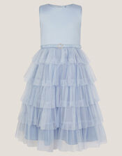 Sleeveless Belted Tulle Tier Dress, Blue (BLUE), large