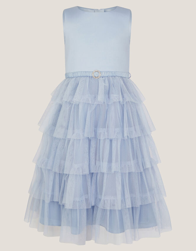 Sleeveless Belted Tulle Tier Dress, Blue (BLUE), large