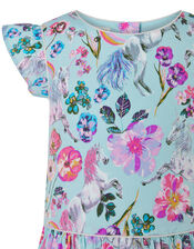Armelle Unicorn Print Dress in Recycled Polyester, Blue (AQUA), large