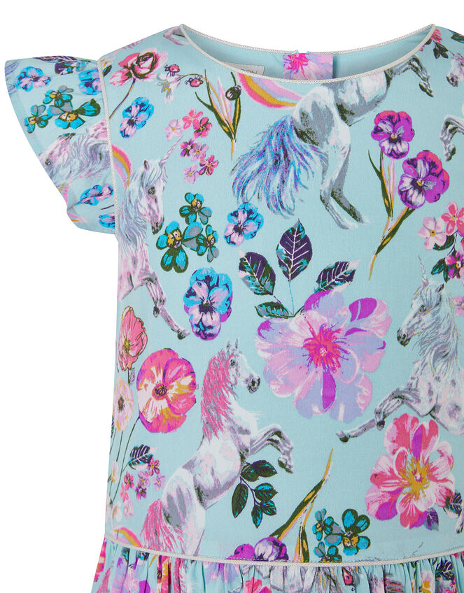 Armelle Unicorn Print Dress in Recycled Polyester, Blue (AQUA), large