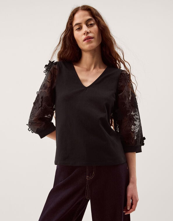 Fi Floral Appliqu&eacute; Jersey Top, Black (BLACK), large