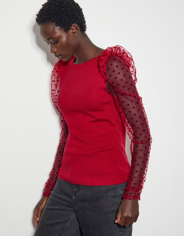 Mimi Polka Dot Sleeve Jumper, Red (RED), large