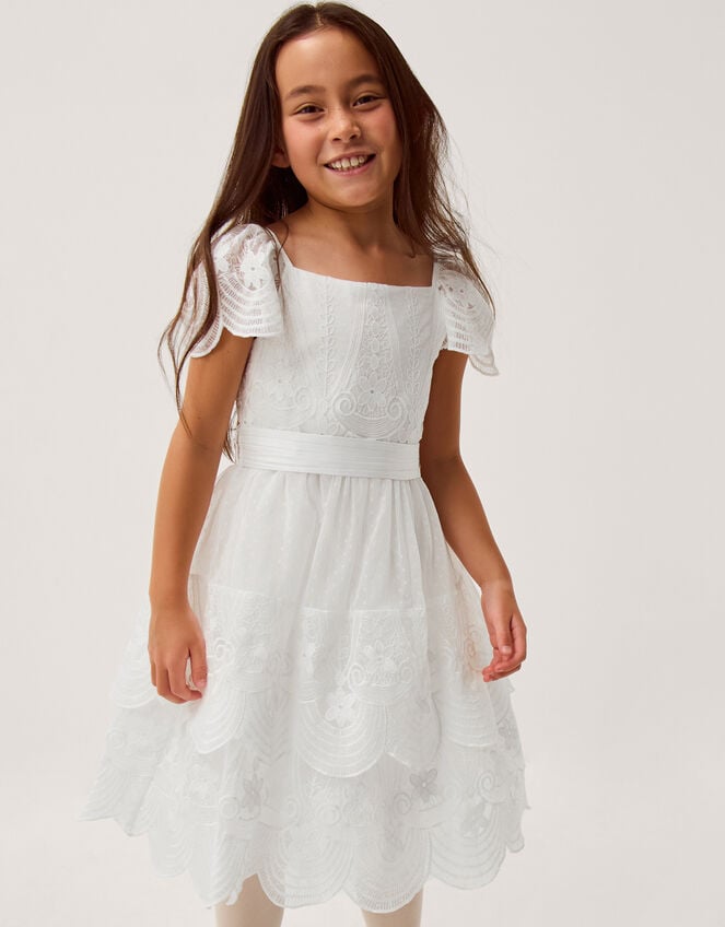 Isabel Lace Scallop Tiered Party Dress, Ivory (IVORY), large