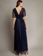 Ellie Sheer Sleeve Plunge Tulle Maxi Dress, Blue (NAVY), large