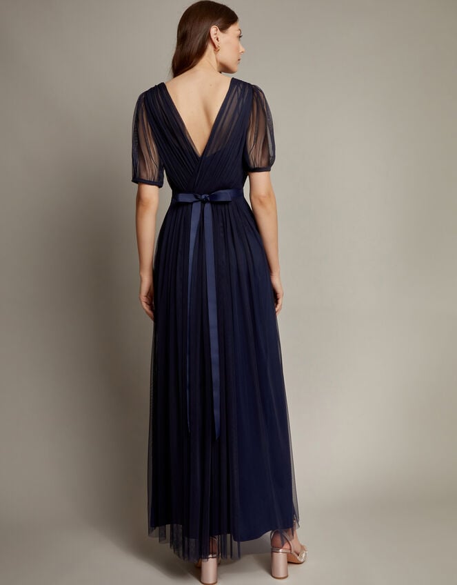 Ellie Sheer Sleeve Plunge Tulle Maxi Dress, Blue (NAVY), large