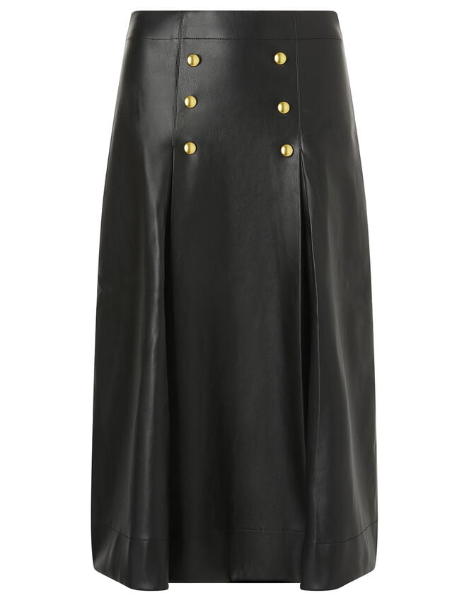 Gold Button Leather-Look Skirt, Black (BLACK), large