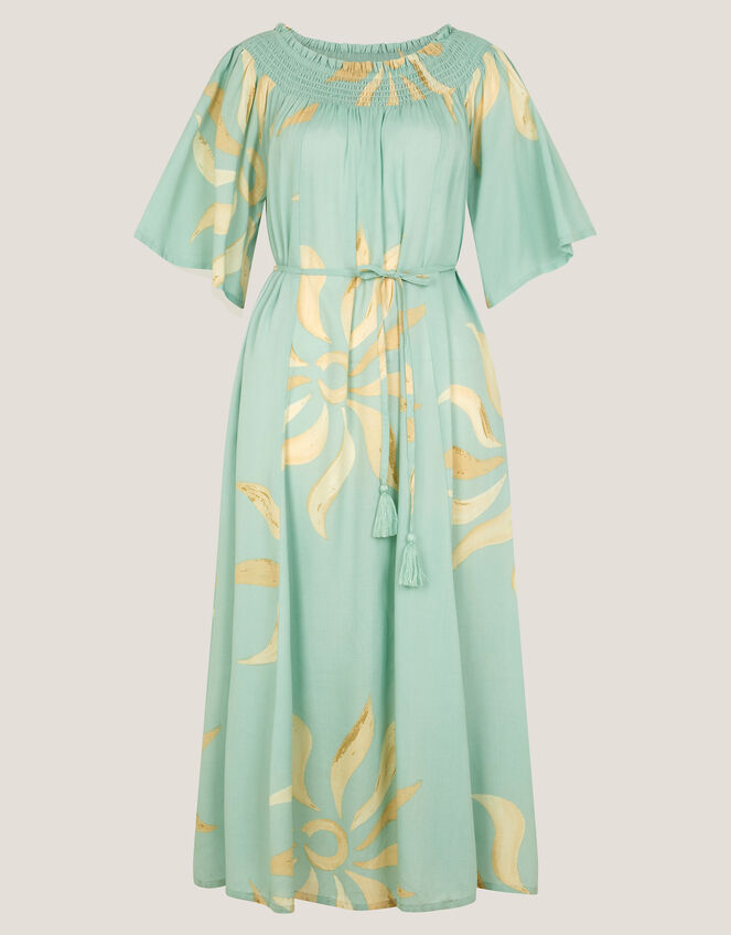 Tashie Sun Print Bardot Midi Dress, Blue (AQUA), large