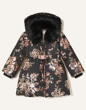 Foil Floral Padded Coat, Black (BLACK), large