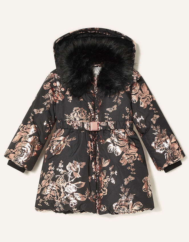 Foil Floral Padded Coat, Black (BLACK), large