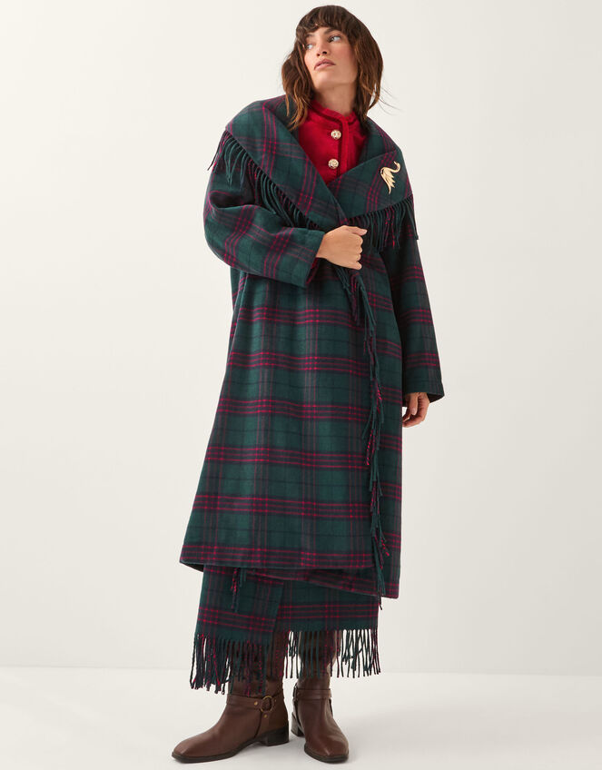 Monsoon x Sarah Corbett-Winder Tartan Fringe Coat, Teal (TEAL), large