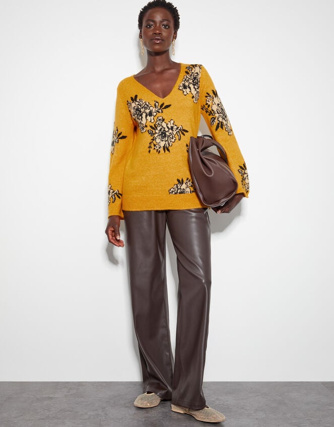 Jess V-Neck Floral Jacquard Jumper, Yellow (OCHRE), large