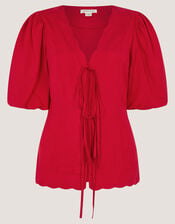 Willa Puff Sleeve Tie Front Top, Red (RED), large