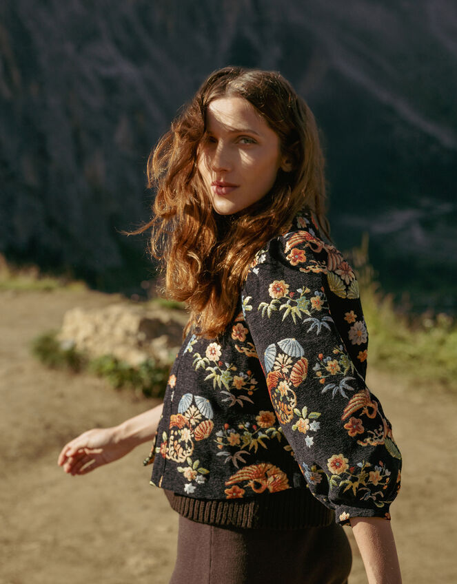 Traffic People Floral Puff Sleeve Jacket, Black (BLACK), large