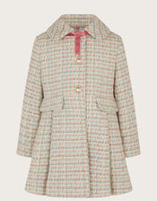 Skirted Tweed Coat with Faux Fur Collar, Grey (GREY), large