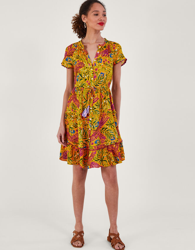 Floral and Palm Print Dress, Yellow (YELLOW), large