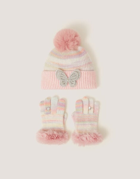 Faux Fur Butterfly Hat & Gloves Set, Multi (MULTI), large
