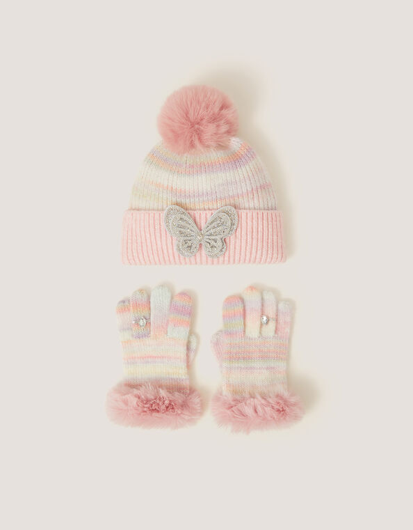 Faux Fur Butterfly Hat & Gloves Set, Multi (MULTI), large