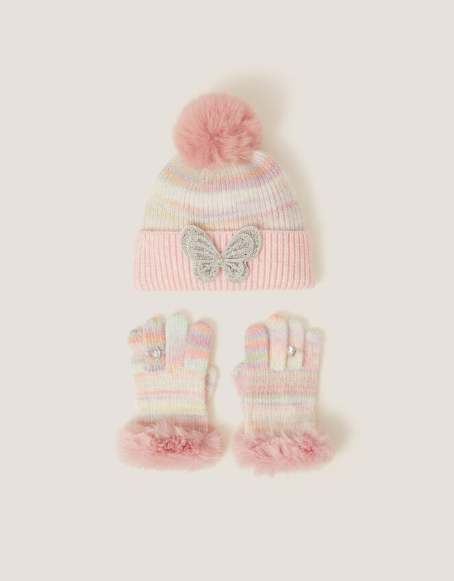 Faux Fur Butterfly Hat & Gloves Set, Multi (MULTI), large
