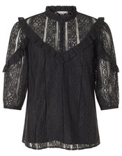 Lace Ruffle Trim Top, Black (BLACK), large