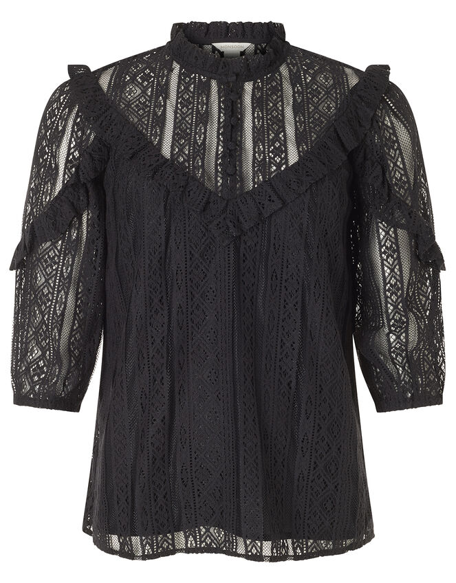 Lace Ruffle Trim Top, Black (BLACK), large